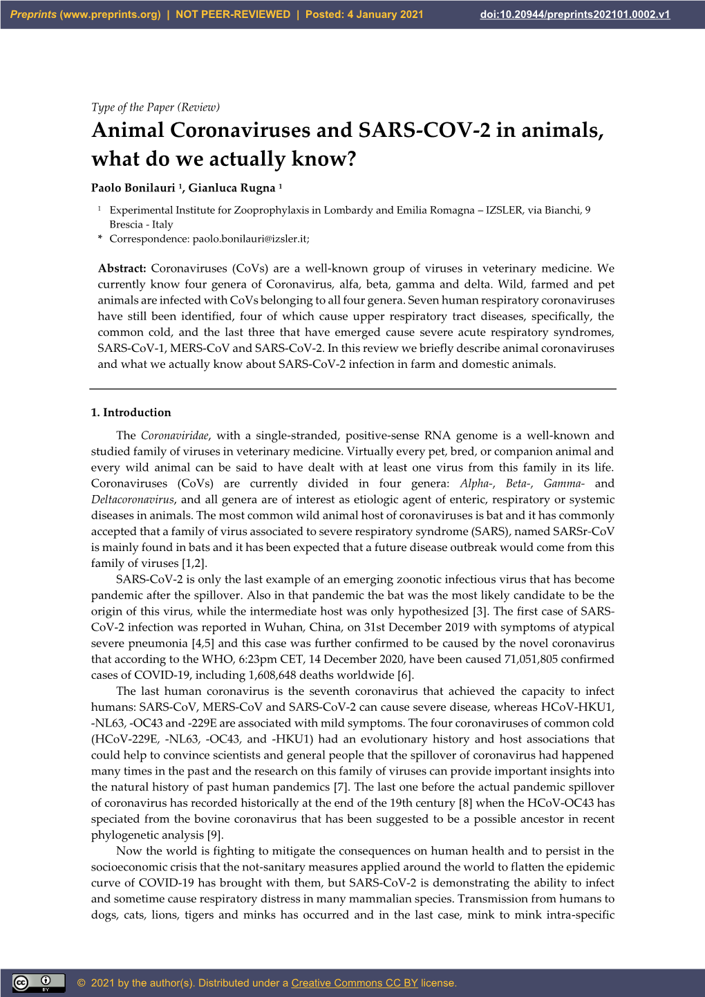 Animal Coronaviruses and SARS-COV-2 in Animals, What Do We Actually Know?