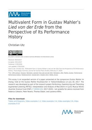 Multivalent Form in Gustav Mahlerʼs Lied Von Der Erde from the Perspective of Its Performance History