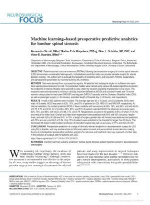 Machine Learning–Based Preoperative Predictive Analytics for Lumbar Spinal Stenosis