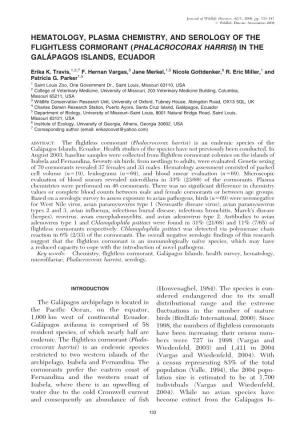 Hematology, Plasma Chemistry, and Serology of the Flightless Cormorant (Phalacrocorax Harrisi) in the Gala´ Pagos Islands, Ecuador