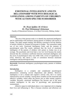 Emotional Intelligence and Its Relationship with Psychological Loneliness Among Parents of Children with Autism Spectrum Disorder