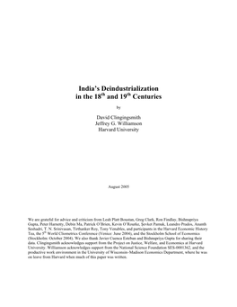 India's Deindustrialization in the 18Th and 19Th Centuries