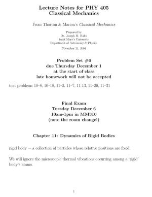 Lecture Notes for PHY 405 Classical Mechanics
