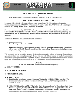 NOTICE of TELECONFERENCE MEETING of the ARIZONA OUTDOOR RECREATION COORDINATING COMMISSION of the ARIZONA STATE PARKS and TRAILS Pursuant to A.R.S