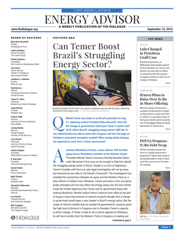 ENERGY ADVISOR a WEEKLY PUBLICATION of the DIALOGUE September 16, 2016