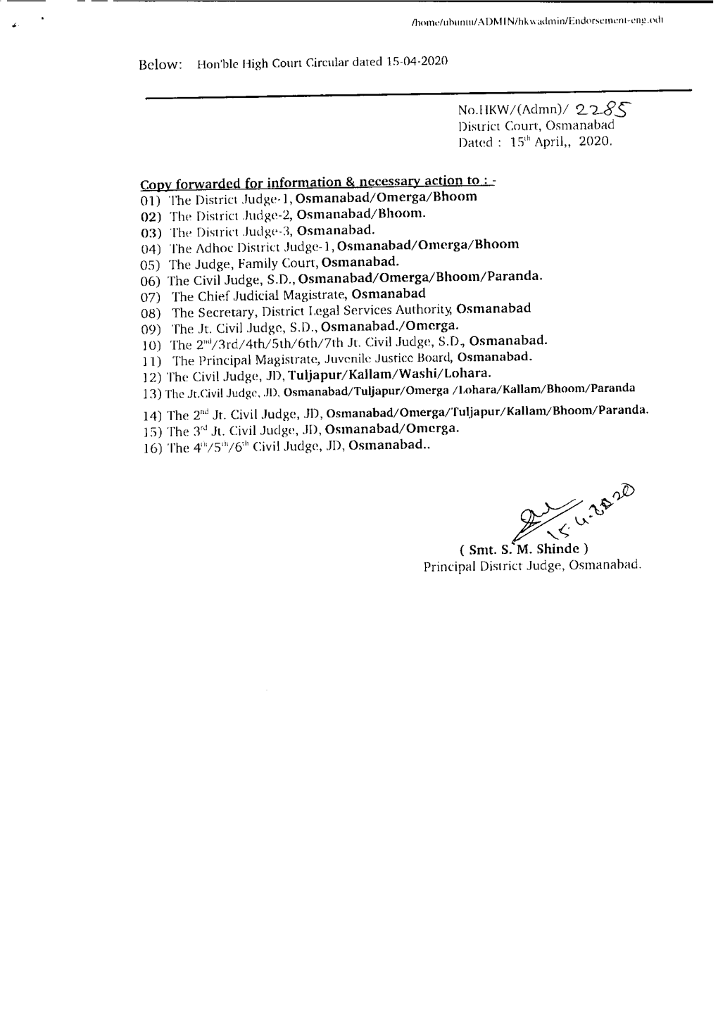 Hon'ble High Court Circulardated Ls-04-2020 Nojikw/(Admn)