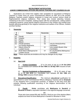 Recruitment Notification Junior Commissioned Officer (Religious Teacher) Rrt Courses 85 & 86