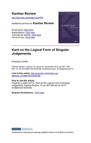 Kantian Review Kant on the Logical Form of Singular Judgements