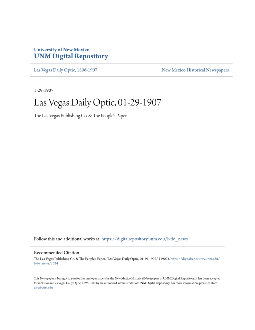 Las Vegas Daily Optic, 01-29-1907 the Las Vegas Publishing Co