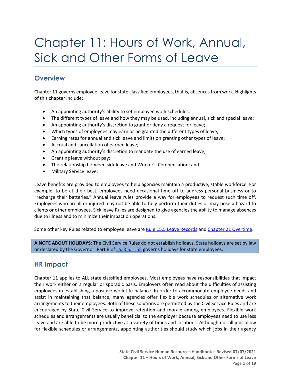Chapter 11 – Hours of Work, Annual, Sick and Other Forms of Leave Page 1 of 19 Could Be Considered for Such a Benefit