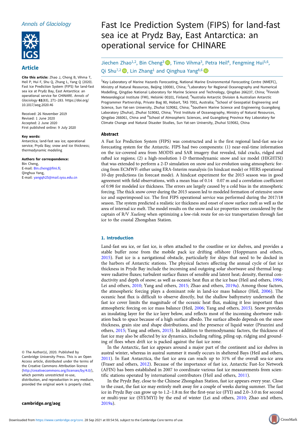 (FIPS) for Land-Fast Sea Ice at Prydz Bay, East Antarctica: an Operational Service for CHINARE