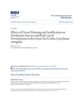 Effects of Ocean Warming and Acidification on Fertilization Success and Early Larval Development in the Green Sea Urchin, Lytechinus Variegatus Brittney L