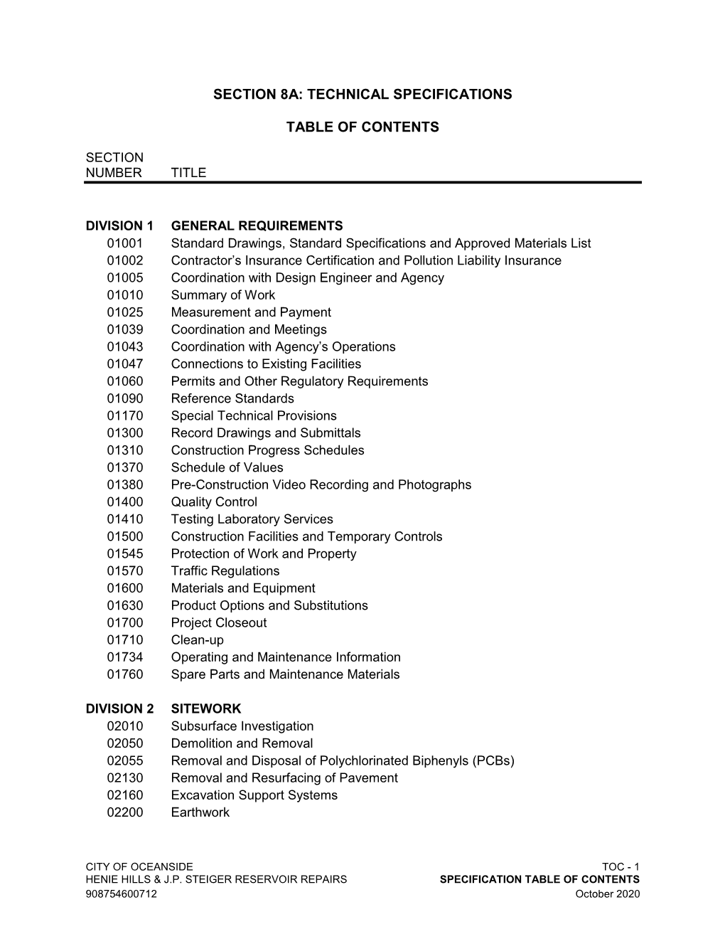 Section 8A: Technical Specifications Table