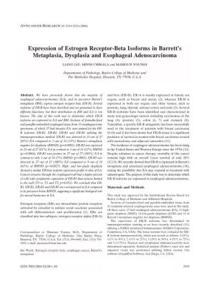 Expression of Estrogen Receptor-Beta Isoforms in Barrett's