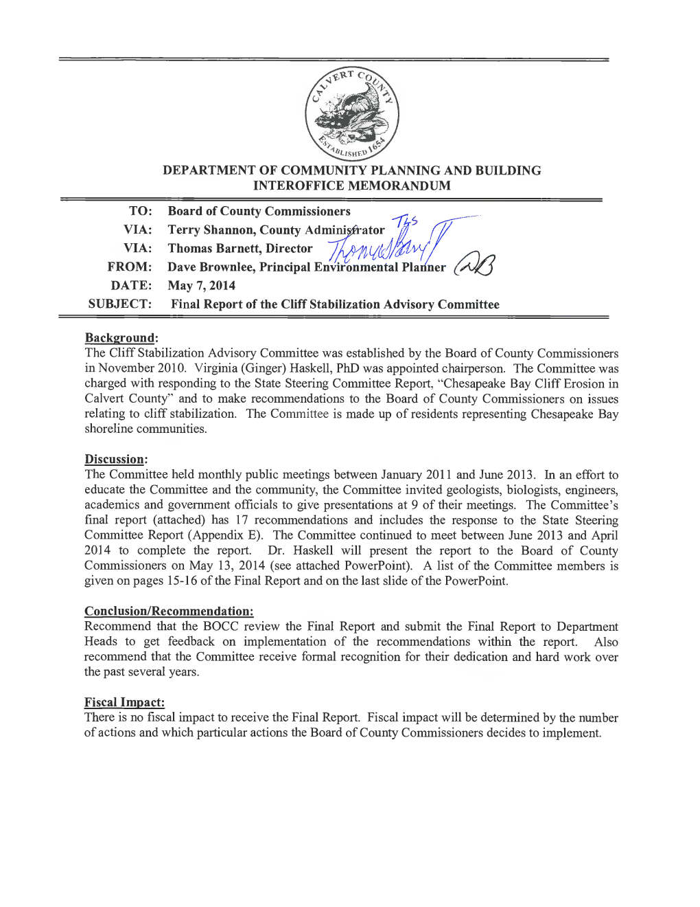 Chesapeake Bay Cliff Erosion in Calvert County- and to Make Recommendations to the Board of County Commissioners on Issues Relating to Cliff Stabilization