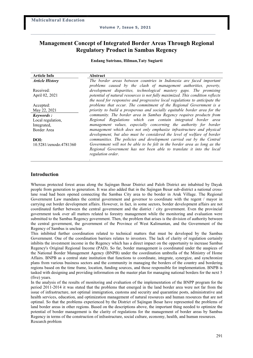 Management Concept of Integrated Border Areas Through Regional Regulatory Product in Sambas Regency