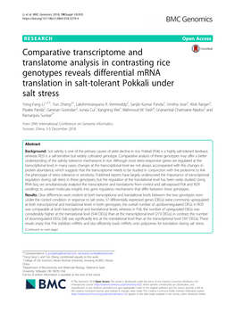 Comparative Transcriptome and Translatome Analysis in Contrasting