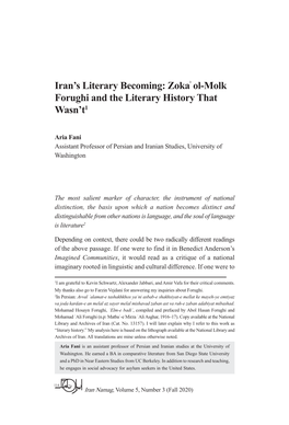 Iran's Literary Becoming: Zokaʾ Ol-Molk Forughi and the Literary History That Wasn't1