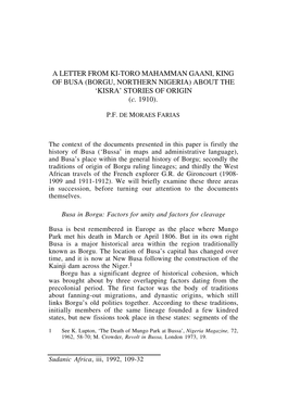 A LETTER from KI-TORO MAHAMMAN GAANI, KING of BUSA (BORGU, NORTHERN NIGERIA) ABOUT the 'KISRA' STORIES of ORIGIN (C. 1910)