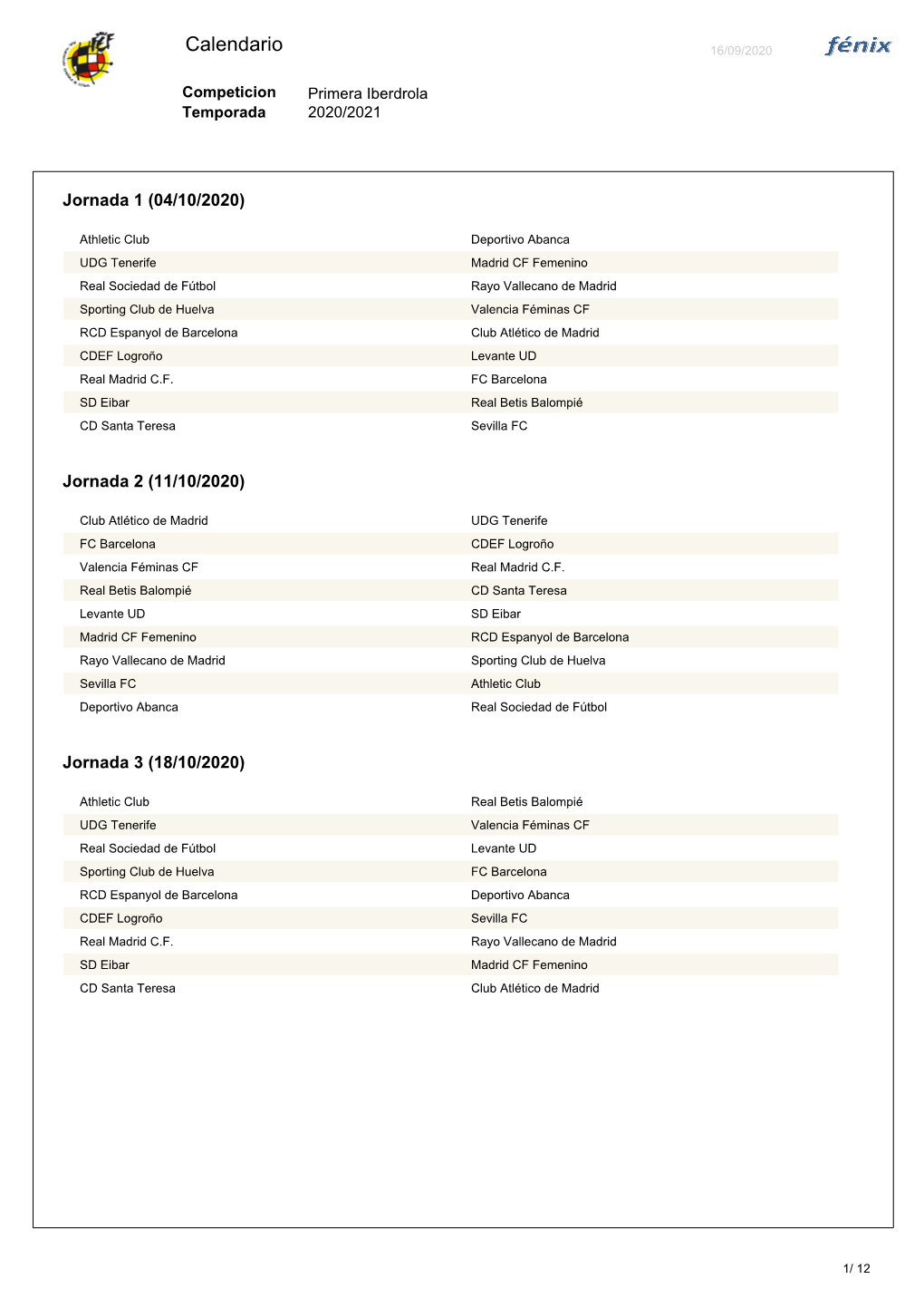 Calendario De La Primera Iberdrola