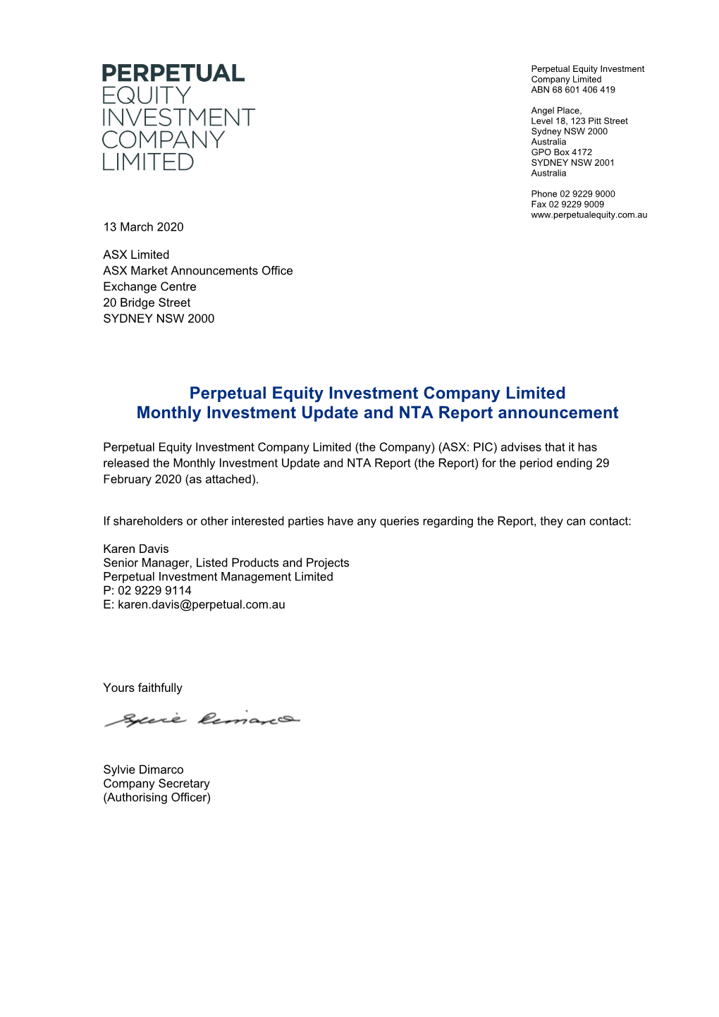 Perpetual Equity Investment Company Limited Monthly Investment Update and NTA Report Announcement