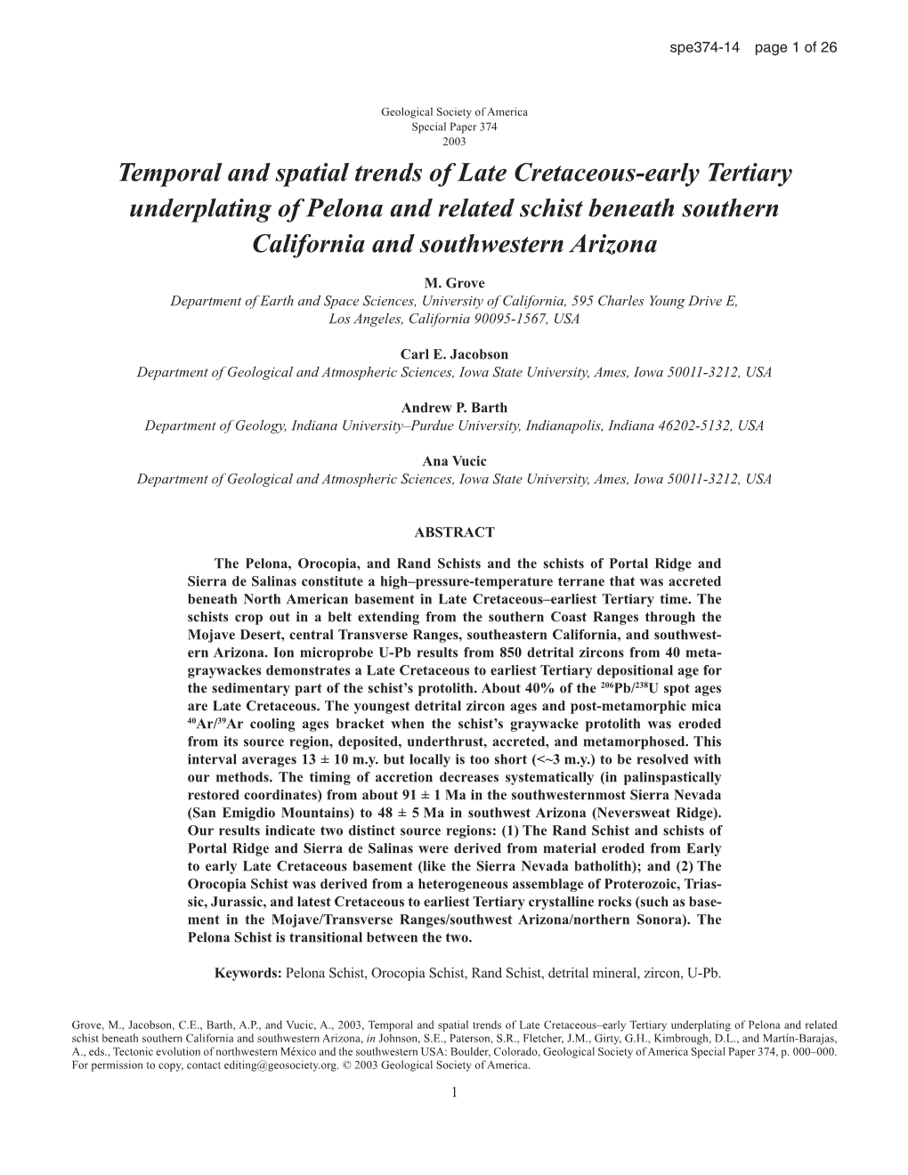 Temporal and Spatial Trends of Late Cretaceous-Early Tertiary Underplating of Pelona and Related Schist Beneath Southern California and Southwestern Arizona