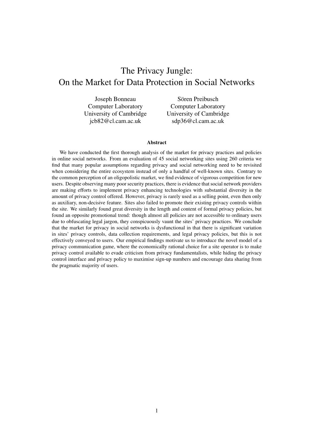 The Privacy Jungle: on the Market for Data Protection in Social Networks