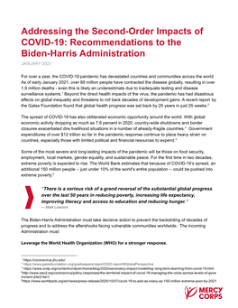 Addressing the Second-Order Impacts of COVID-19: Recommendations to the Biden-Harris Administration JANUARY 2021