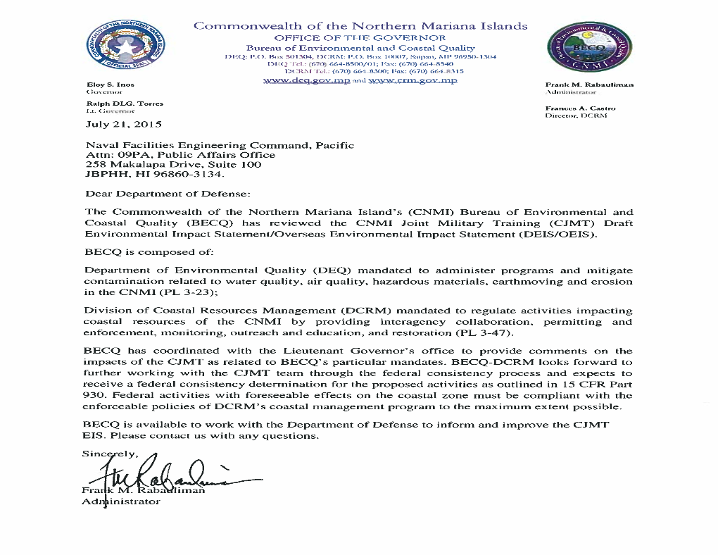 BECQ Response to CNMI Joint Military Training DEIS – 2015