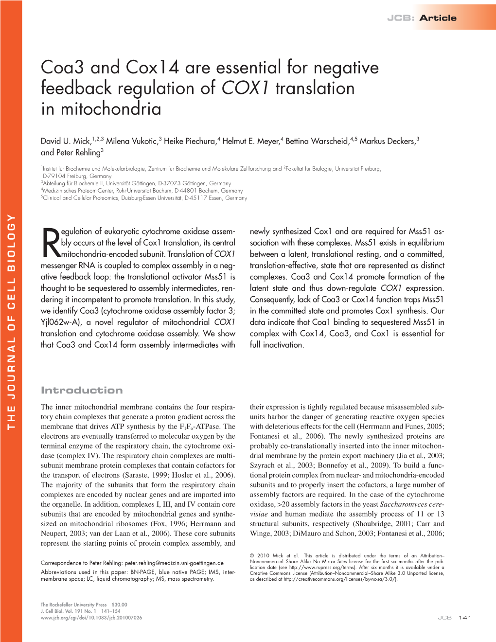 Coa3 and Cox14 Are Essential for Negative Feedback Regulation of COX1 Translation in Mitochondria