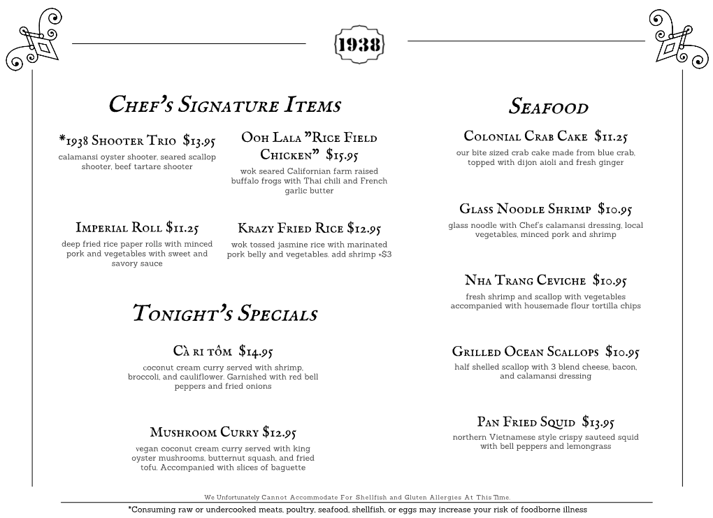 Seafood Tonight's Specials Chef's Signature Items