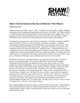 Shaw Festival Mourns the Loss of Director Neil Munro Media Release #23