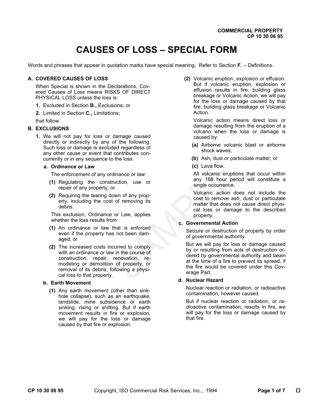 Causes of Loss – Special Form