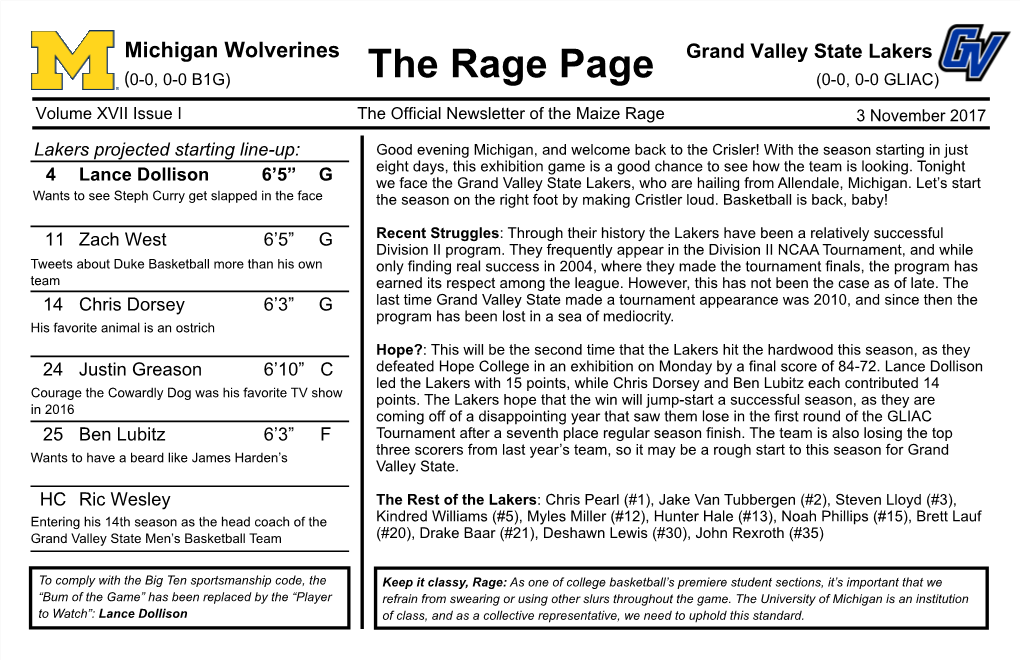 Grand Valley State Lakers (0-0, 0-0 B1G) the Rage Page (0-0, 0-0 GLIAC)