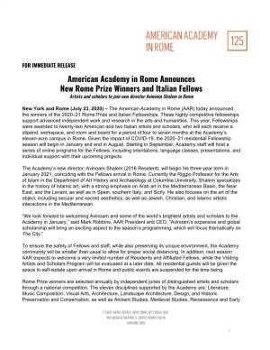 Announcing New Rome Prize Winners and Italian Fellows