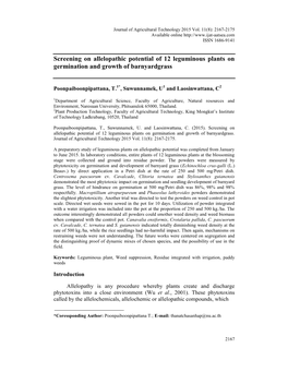 Screening on Allelopathic Potential of 12 Leguminous Plants on Germination and Growth of Barnyardgrass
