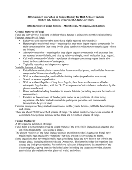 2006 Summer Workshop in Fungal Biology for High School Teachers Hibbett Lab, Biology Department, Clark University