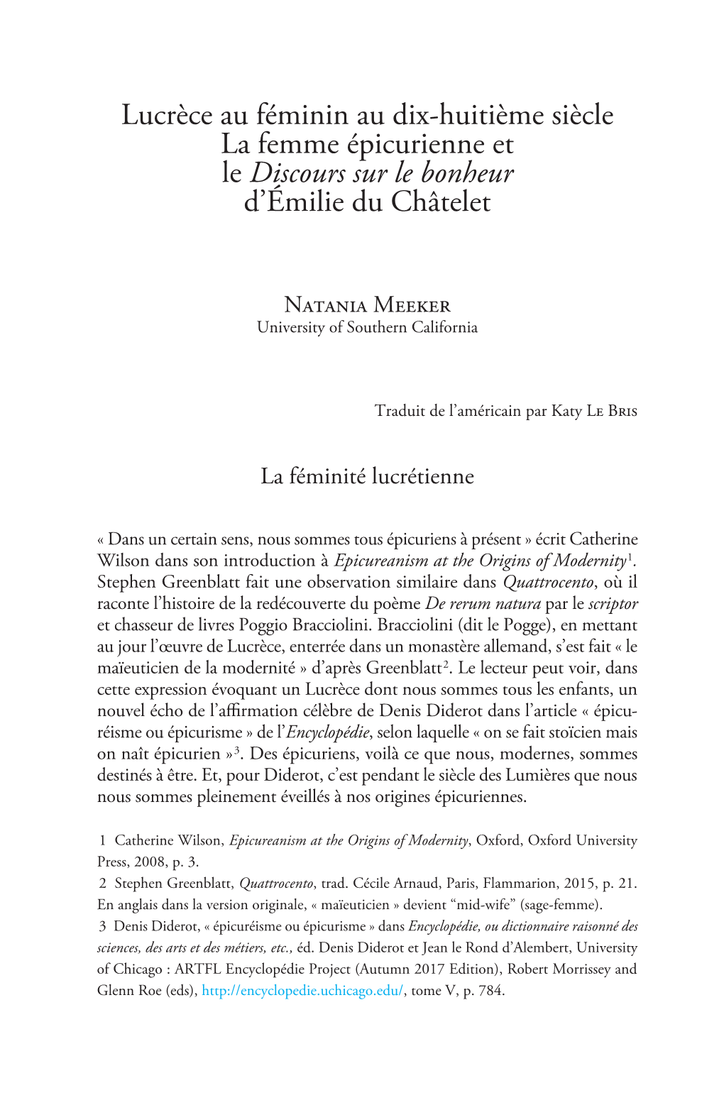 Lucrèce Au Féminin Au Dix-Huitième Siècle La Femme Épicurienne Et Le Discours Sur Le Bonheur D’Émilie Du Châtelet