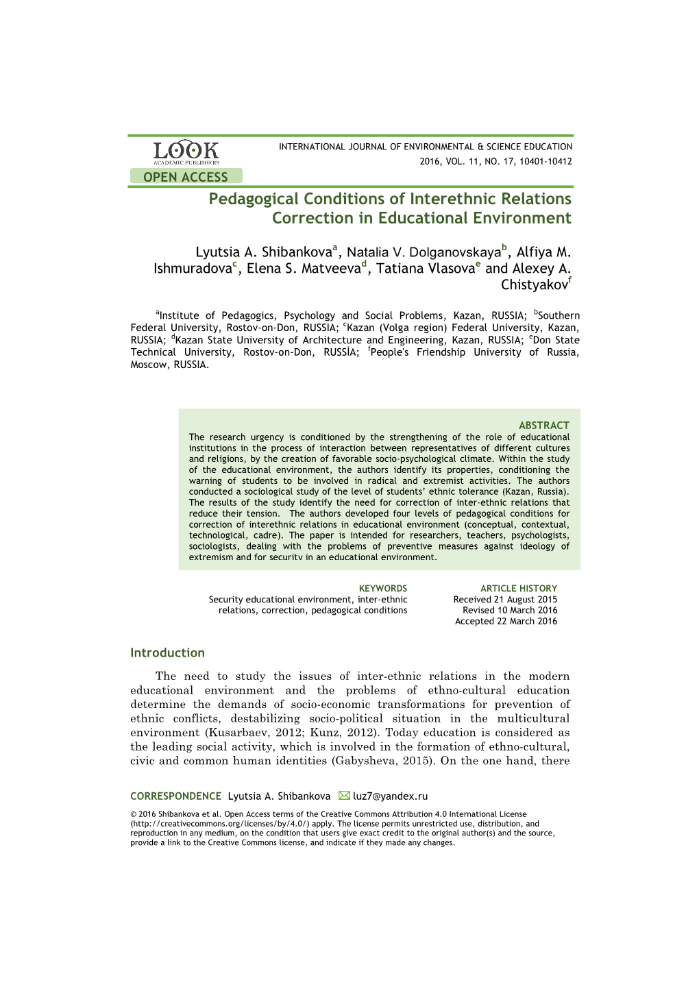 Pedagogical Conditions of Interethnic Relations Correction in Educational Environment