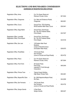 Elections and Boundaries Commission Addresses of Registration Area Offices