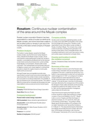 Rosatom: Continuous Nuclear Contamination of the Area Around the Mayak Complex