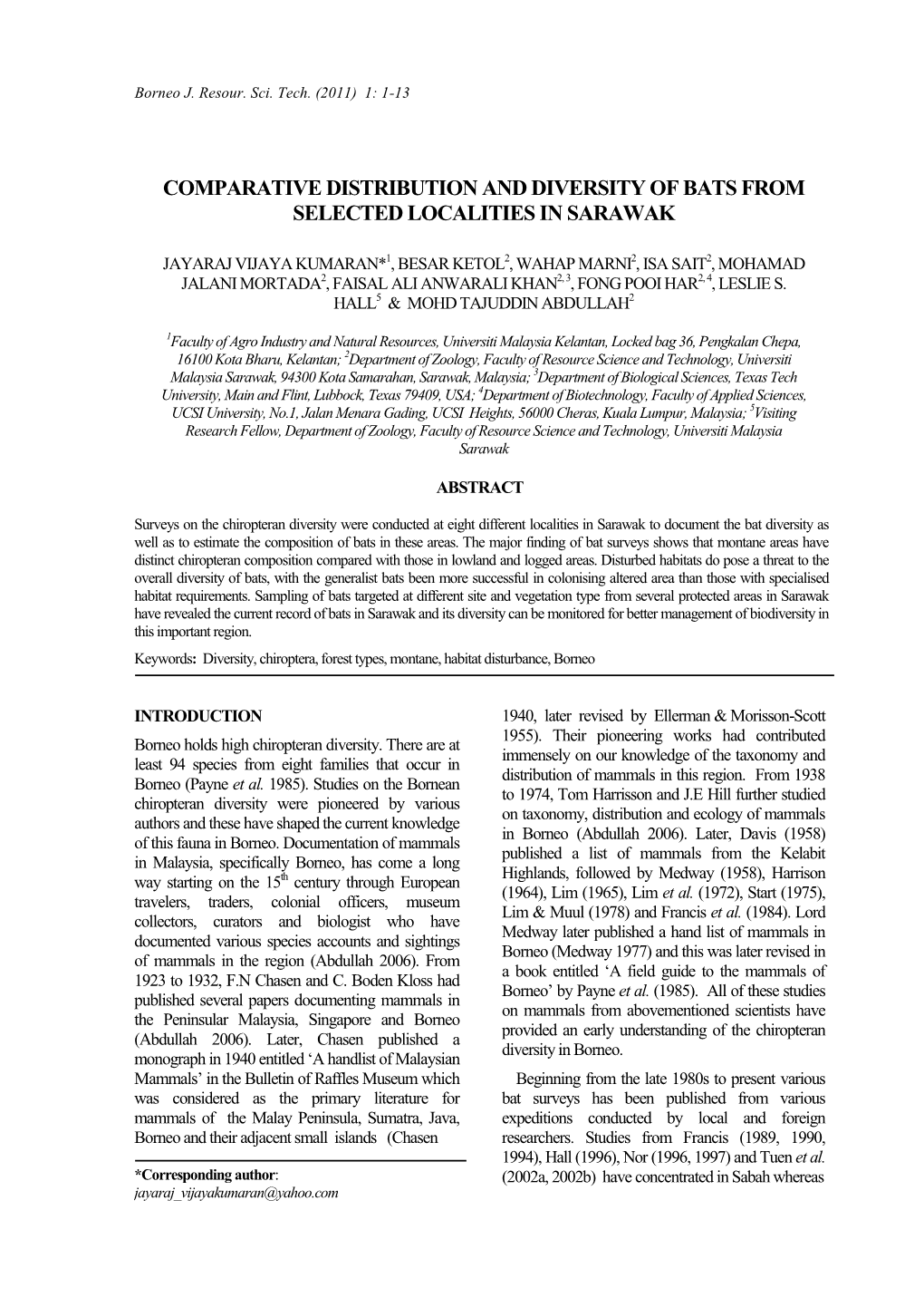 Comparative Distribution and Diversity of Bats from Selected Localities in Sarawak