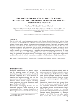 Isolation and Characterization of a Novel Denitrifying Bacterium with High Nitrate Removal: Pseudomonas Stutzeri