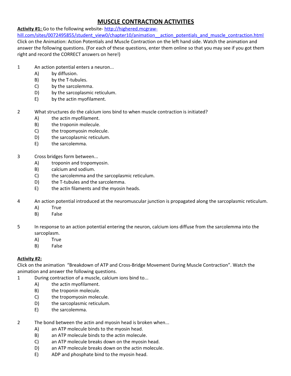 Muscle Contraction Activities