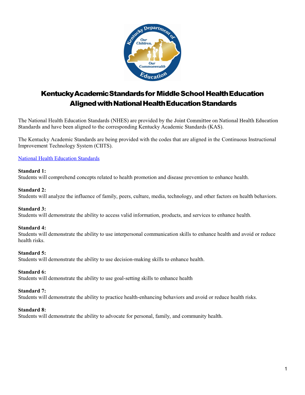 Kentucky Academic Standards for Middle School Health Education