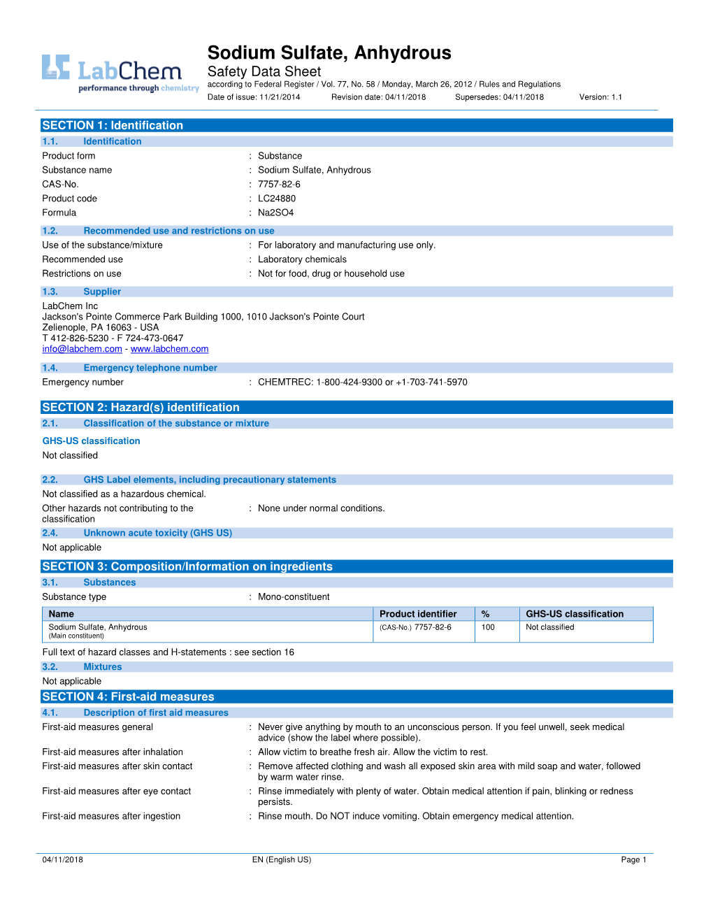 Sodium Sulfate, Anhydrous Safety Data Sheet According to Federal Register / Vol