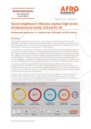 Good Neighbours? Africans Express High Levels of Tolerance for Many, but Not for All