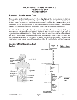 NROSCI/BIOSC 1070 and MSNBIO 2070 November 15, 2017 Gastrointestinal 1 Functions of the Digestive Tract