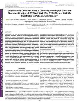 Abemaciclib Does Not Have a Clinically Meaningful Effect on Pharmacokinetics of CYP1A2, CYP2C9, CYP2D6, and CYP3A4 Substrates in Patients with Cancer S