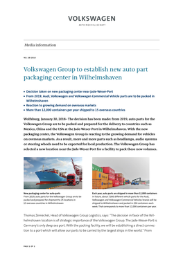 Volkswagen Group to Establish New Auto Part Packaging Center in Wilhelmshaven